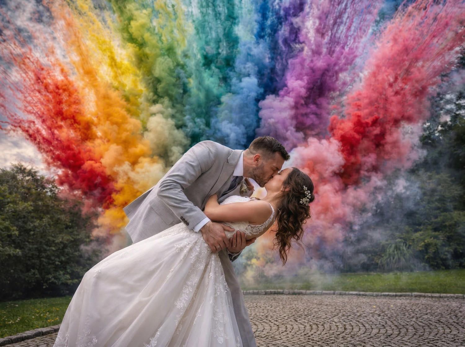 Rainbow smoke mines create a mesmerizing wedding scene